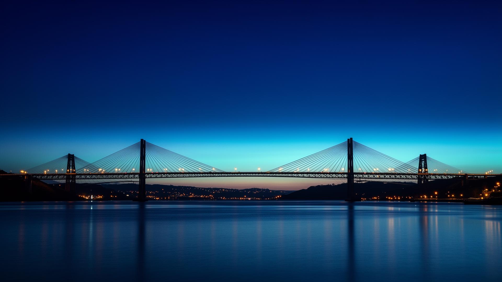 Forth bridges at twilight near Newbridge, west Edinburgh