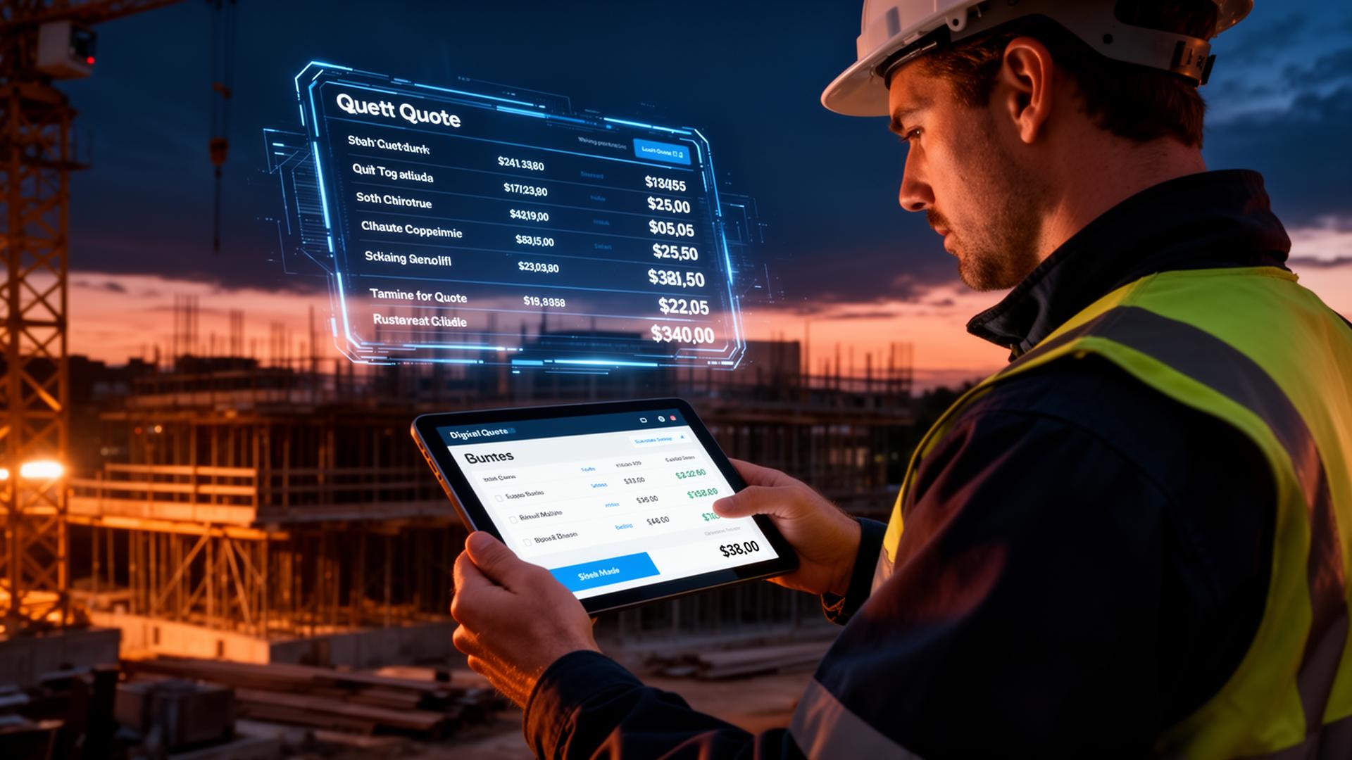 Tradesperson on a construction site reviewing a digital quote on a tablet with holographic line items