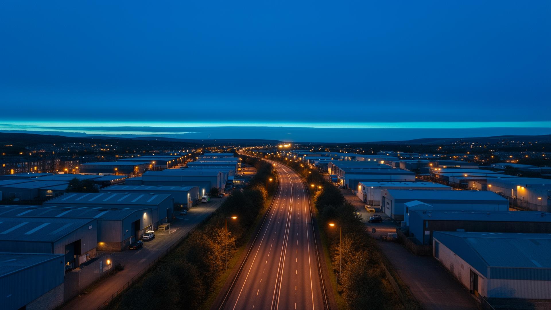West Edinburgh industrial landscape near Newbridge at dawn